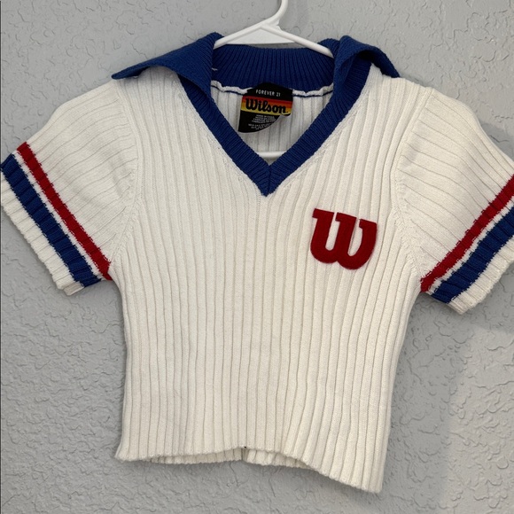 Wilson x Forever 21  White Knit Top with Red and Blue Trim - Picture 1 of 4